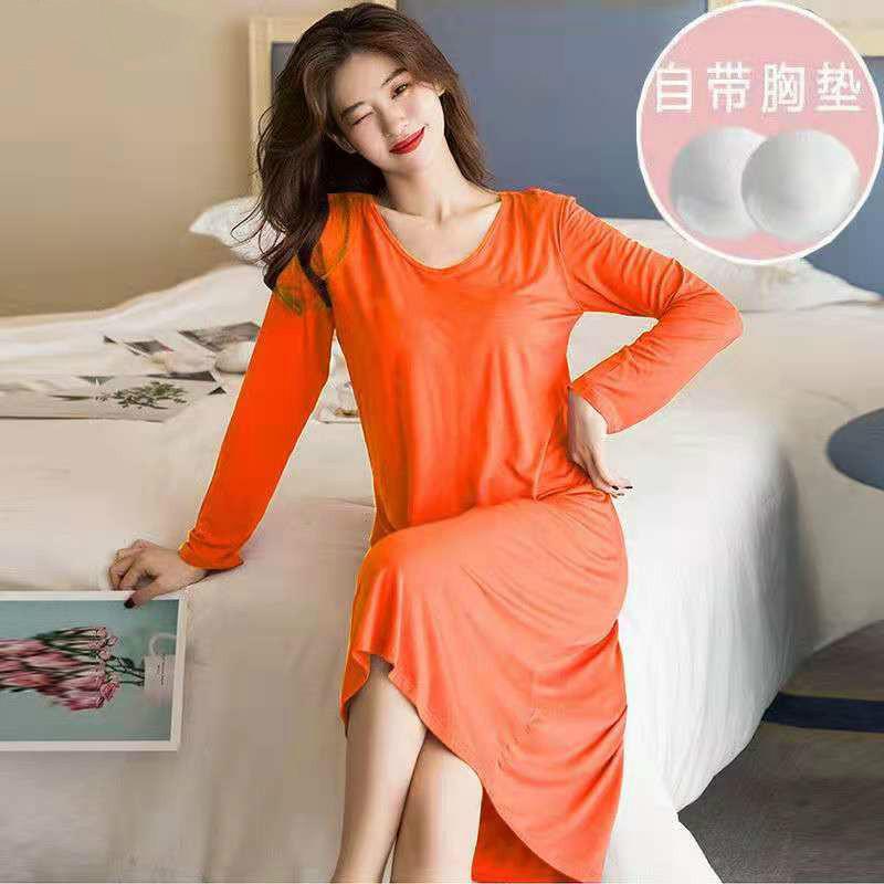 纯色带垫睡裙-桔-长