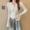 Elegante chaqueta de punto con cuello polo abotonado, chic de principios de otoño, retro francés, prenda interior de manga larga, cárdigan para mujer