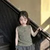 Ropa de Verano para Niñas 2026 Bebé Verano Estilo Coreano Moda Top Rayado Pantalones de Malla con Volantes Elegantes Conjunto Completo