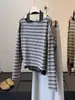 Elegante regata com efeito duas peças e gola halter com camiseta listrada de manga longa e um ombro só para mulheres, top pullover vintage para outono