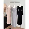 ¡Nuevas Llegadas para Otoño! Impresionante Vestido Base de Punto de Manga Larga que Ceñe la Cintura para Mujer, Ropa Interior Larga Petite para Principios de Otoño