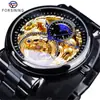 Reloj mecánico automático Forsining para hombre, informal, con correa de acero y fase lunar hueca tallada.
