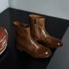 Botas Curtas de Couro de Cavalo Lavado para Mulheres, Novo Estilo Outono e Inverno, Couro Genuíno por Dentro e por Fora, Bico Redondo, Zíper Lateral, Salto Médio Grosso, Botas Curtas Desgastadas para Mulheres