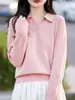 Suéter 100% Lã Pura para Mulheres, Camisa Básica com Gola Meio Aberta, Pulôver Versátil Engrossado Solto para Outono e Inverno com Gola Polo