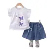 Ropa para Niñas Estilo Verano 2026 Conjunto de Bebé Verano Niños Conjunto de Dos Piezas de Mezclilla con Estampado de Mariposa de Manga Corta Venta al por Mayor