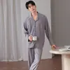 Novo conjunto de pijama de lapela listrado dupla face em algodão puro para outono, com mangas compridas e calças compridas, conjunto de loungewear masculino 100% algodão