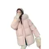 Abrigo de algodón plumón rosa, con capucha para invierno, engrosado, con cuello grande de pelo, de longitud media, para personas petite, chaqueta acolchada, abrigo de algodón, blanco lechoso