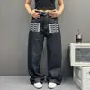 Jeans Casuales Rectos con Costuras de Contraste Estilo Retro Americano para Hombres y Mujeres Sueltos Versátiles de Cintura Alta Pantalones de Pierna Ancha de Largo Completo