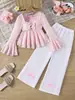 Conjunto Popular de Ropa para Niñas Transfronterizo: Conjunto de Top de Encaje con Mangas de Campana + Pantalones Largos, Conjunto de Dos Piezas Otoño 2026 para Niños Mayores
