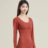 Conjunto de ropa interior térmica para mujer de otoño e invierno con almohadillas en el pecho, top de manga larga con cuello en U y pantalones largos