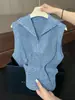 Chaleco de Punto Azul Hueco Estilo Europeo de Marca Grande para Mujer, Verano Holgado Adelgazante Versátil Top sin Mangas con Media Cremallera
