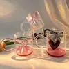Caneca de Vidro com Decoração de Laço e Coração para Uso Doméstico, Alça Transparente de Vidro Borossilicatado Alto com Contas, Caneca Feminina para Café e Suco