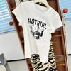 Camiseta de Manga Corta Estampada con Hombro Regular Estilo Americano para Mujer, Versátil Top Casual de Algodón Puro de Cuello Redondo y Corte Ajustado, Nuevo para Verano