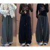 Pantalones de Chándal Grises de Pierna Ancha con Cordón para Mujer, Nuevo Estilo Otoño/Invierno 2025, Corte Holgado para Cuerpo Tipo Pera, Adelgazantes y Cálidos, Pantalones Curvos