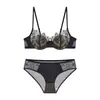 Lencería estilo francés para mujer, satén de algodón fino sexy con ribete de encaje de pestañas, sujetador push-up suave con aros para busto pequeño