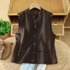 Toma Real de Chaleco de Algodón y Lino con Cuello Alto, Estilo Vintage de Ropa de Trabajo, Chaleco Corto Holgado con Doble Bolsillo, Chaleco de Capa Única Versátil Casual