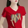 Artículo de marca con excedente de comercio exterior transfronterizo con etiquetas retiradas, camiseta de mujer con cuello en V, manga corta, corte holgado, hombro normal, top de manga corta