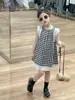 Verano 2025 Nuevo Estilo Coreano Ropa Infantil Niñas Cuadros Doble Encaje Manga de Encaje Falda Vestido sin Mangas