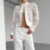 Colección de otoño 2026 nueva, europea y americana, transfronteriza: cuello mao, botón de nudo chino, diseño calado, patrón floral sexy, camisa cárdigan de encaje