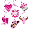 Set de Decoración de Cumpleaños Tema Vaquero Rosa Banderín de Bandera Vaquera Colgante Espiral Rosa Vaquero Inserto para Pastel