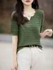 2026 Algodón Tejido Manga Corta Mujer Primavera y Verano Nuevo Estilo Elegante Manga Media Hueco Holgado Moda Color Sólido Camiseta Top