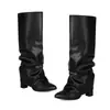 Botas altas de punta cruzadas para otoño e invierno, suela de goma de color liso, tacón alto, talla grande, botas de mujer, tacón cuadrado, slip-on, botas Martin de comercio exterior