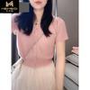 Cardigan Tricotado Rosa de Alto Padrão com Manga Curta 2024 Verão Novo Coreano Gola V Single-breasted Chique Top para Mulheres