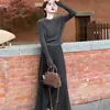 Vestido de tricô cinza estilo francês para mulheres, novo modelo de início de primavera, conjunto de vestido longo elegante petite