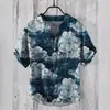 Camisa de Manga Corta con Cuello en V de 3 Botones, Estampado Digital, Paisaje de Carpas 3D Digital con Transferencia de Calor, Transfronteriza Europea y Americana 2024