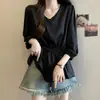 Camisa Base de Manga Três Quartos com Gola para Mulheres, Roupa de Verão, Tamanho Plus, Emagrecedora, Design de Luxo, Ajuste na Cintura, Blusa que Cobre a Barriga
