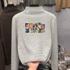 Camisa de Manga Longa com Gola Meia-Alta, Listrada em Veludo Engrossado, para Meninas, Outono e Inverno, Novo Estilo, Roupa de Baixo, Roupas Infantis, Tops Infantis Médios e Grandes