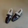 Primer Encuentro Ji Retro Francés Más Terciopelo Calidez Hebilla de Cuero Zapatos de Piel Invierno Nuevo Estilo Slip-ons Mujer Tacón Grueso