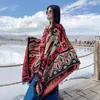 Xizang Viagem Xale com Fenda Vermelho Quente Espessado Estilo Étnico Estampado Lenço Manto Feminino Outono e Inverno Atacado