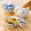 Cuenco de Cerámica Estilo Japonés para Postre con Color Bajo Esmalte, Estilo Vintage, con Tapa, Cuenco para Sopa, Huevo al Vapor, Hongo Blanco, Olla para Estofado de Nido de Pájaro