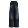 Jeans Anchos Azules Oscuros Estilo Americano para Mujer, Nuevo Estilo de Verano, Cintura Alta, Corte Holgado, Para Tipo de Cuerpo Pera, Pantalones Rectos Fluidos de Largo Hasta el Suelo