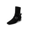 Fivela de Cinto Estilo Francês Botas Western de Camurça de Vaca com Casaco, Inverno 2025 Botas Curtas Grossas de Couro Genuíno com Salto Baixo e Bico Quadrado para Mulheres