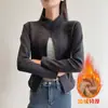 1577 Chaqueta Corta de Cachemir con Cuello Alto para Mujer en Otoño e Invierno Cárdigan Exterior Ajustado Forro Polar Extra Grueso Cálido Top de Yoga