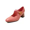 Sapatos Femininos Salto Bloco Bico Redondo Cor Macaron Alça Única Modelo Novo 2026 Couro Bovino de Primeira Camada Salto Médio Boca Rasa