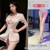 Puro Deseo Lencería Erótica Uniforme Sexy Cosplay Enfermera Transparente Ver a Través Escote Profundo en V Ribete de Encaje Vestido de Enfermera Camisón