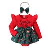Ropa infantil Baoxin, estilo europeo y americano, con letras y mangas voladoras, falda con estampado navideño, diadema con lazo, traje de escalada que se puede abrir