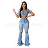 Calças Femininas Jeans Rasgado com Franjas Europeu e Americano Fornecimento Direto Transfronteiriço Jeans Clássico de Cintura Alta Calças Largas Flare