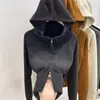 Moletom Cardigan Feminino de Inverno Nova Chegada com Zíper Duplo, Capuz de Lã, Peça Externa, Corte Justo, Curto, Camada Base Quente
