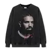 Camiseta de manga curta para homens, estilo de rua americano transfronteiriço, estampa de retrato do Drake, peso pesado, lavada, retrô, inspirada em hip-hop e rap