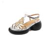 Sandálias Florais de Tira em T com Solado Grosso, Estilo Novo Primavera/Verão 2026 para Mulheres, Salto Grosso Casual Plataforma, Sapatos Abertos Dourados para Mulheres
