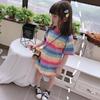 Vestido de verano para niñas, elegante, personalizado, de marca de moda, con carita sonriente, a juego con colores, con rayas de arcoíris, de manga corta.