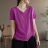 Camiseta de manga corta de sobrestock de comercio exterior transfronterizo para mujer, corte holgado, cuello en V, hombro normal, ropa para mujer de talla grande, top que disimula la barriga para mujeres de talla grande, moderno