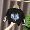 Camiseta de algodón de manga larga holgada para niño, camiseta básica de otoño para niño con estampado de dibujos animados de moda, top para niño estilo americano