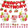 Set de Decoración para Fiesta de Cumpleaños Feliz Temática de Fresa Bandera de Cumpleaños Bandera para Pastel Decoraciones Espirales Suministros para Fiestas
