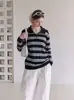 Top de tricô estilo coreano com gola polo listrada em blocos de cor para mulheres, único e deslumbrante, com um charme vintage, de manga longa, top extremamente atraente para primavera e outono