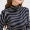 Camiseta de Capa Base Rayada de Cuello Medio Alto para Mujer Nuevo Estilo de Commute Otoño/Invierno Cálida Ajustada de Manga Larga Elegante Top de Moda